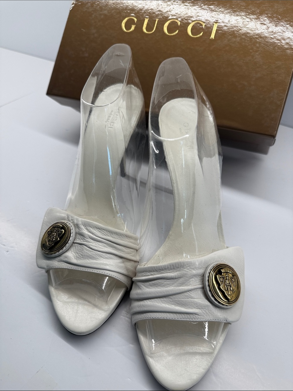Gucci White Leather Slide Heels with Gold Medallion